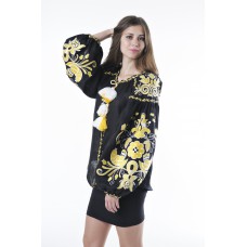 Boho Style Ukrainian Embroidered Folk  Blouse "Boho Birds" yellow on black